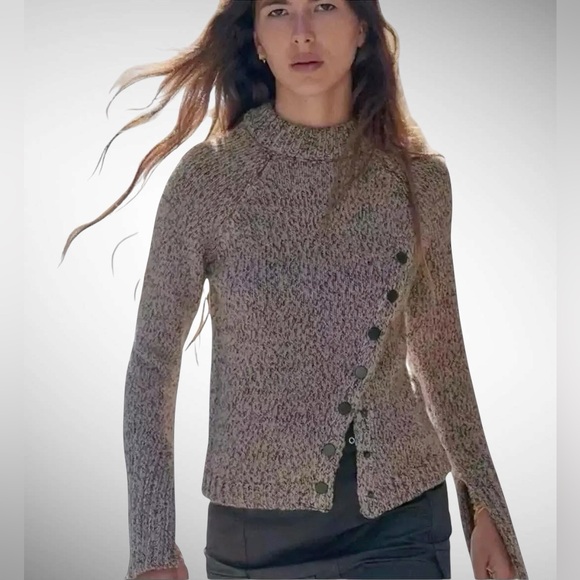 Zara Mockneck Pullover Sweater Asymmentrical Front Buttons - Picture 3 of 11